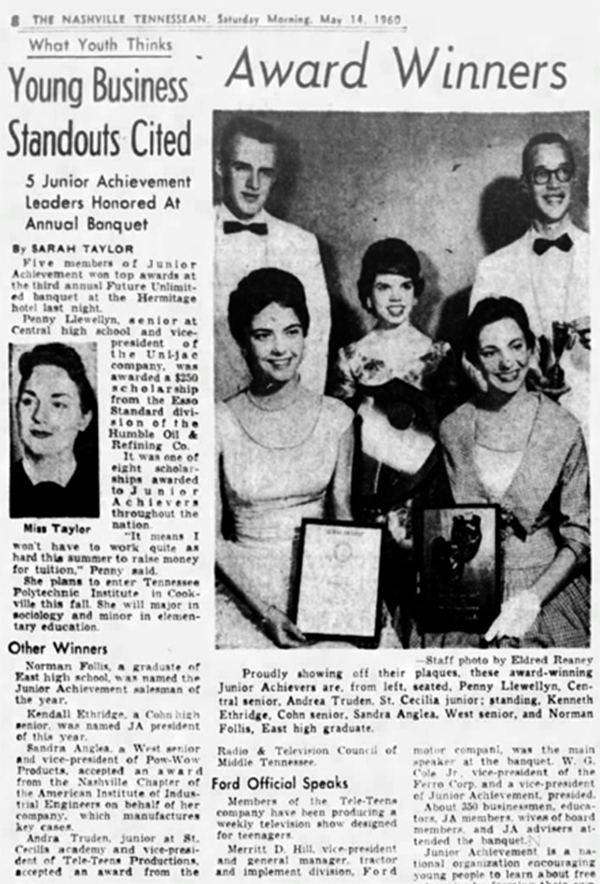 Andrea (abaixo, à direita) vence um concurso adolescente, Nashville Tennesean, 14 de maio de 1960.