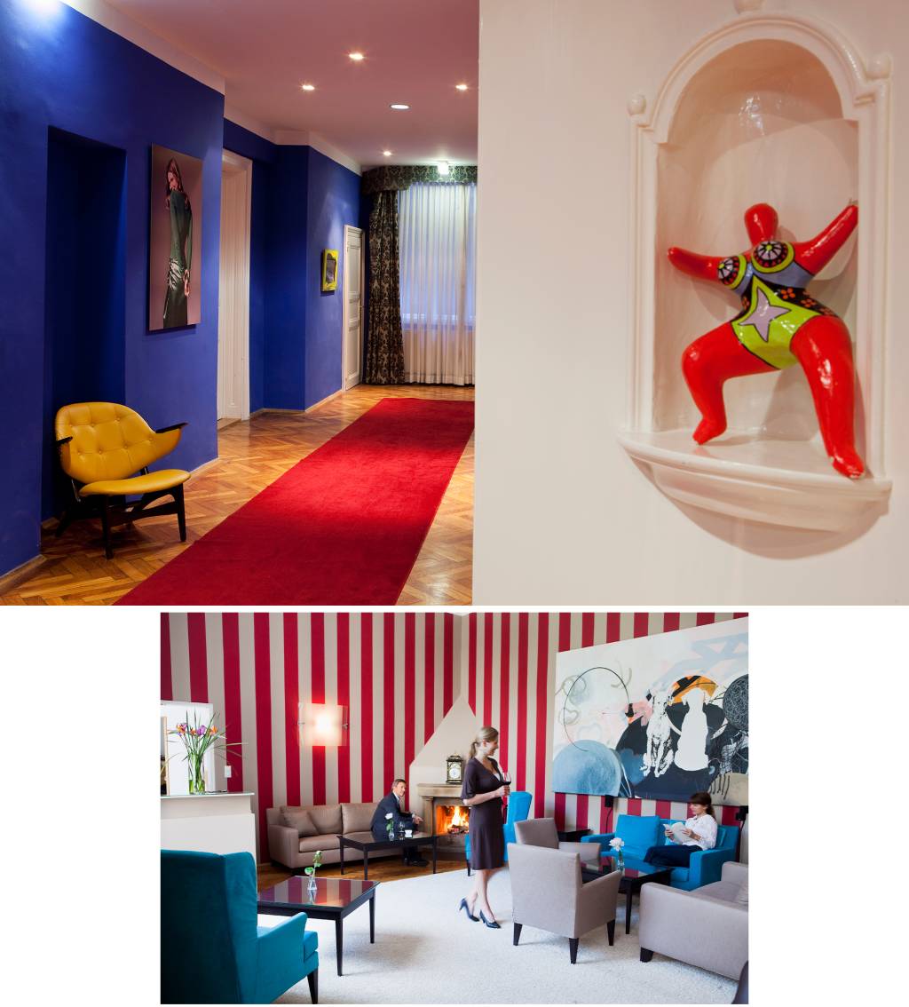 Hotel Altstadt em Vienna, acima: corredor com peça da artista Niki d´Saint Phalle; abaixo: salão com quadro da artista Iris Kohlweiss.